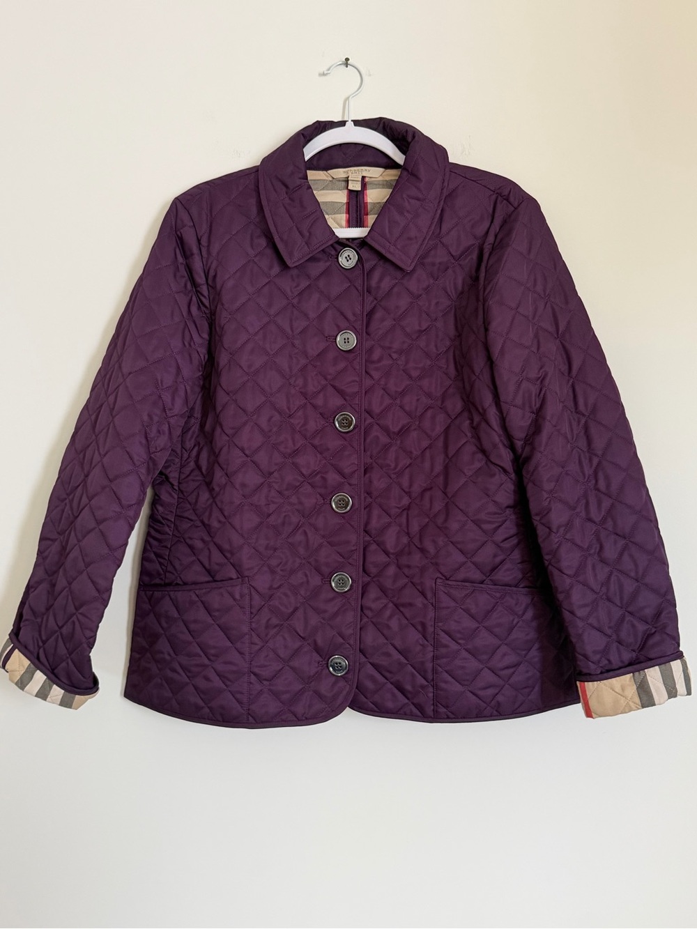 Burberry Brit XL Purple Quilted Jacket Nova Check Lined Barn Coat Classic